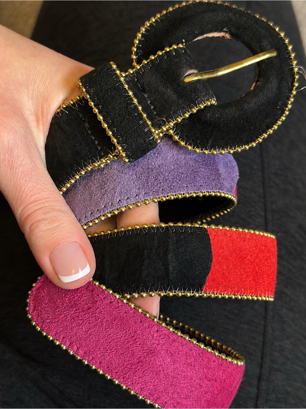 Sandy Duftler Two-Tone Black and Magenta Suede Belt with Gold Beaded Trim